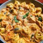 CrockPot Chicken Tortellini cooking in a slow cooker with fresh ingredients