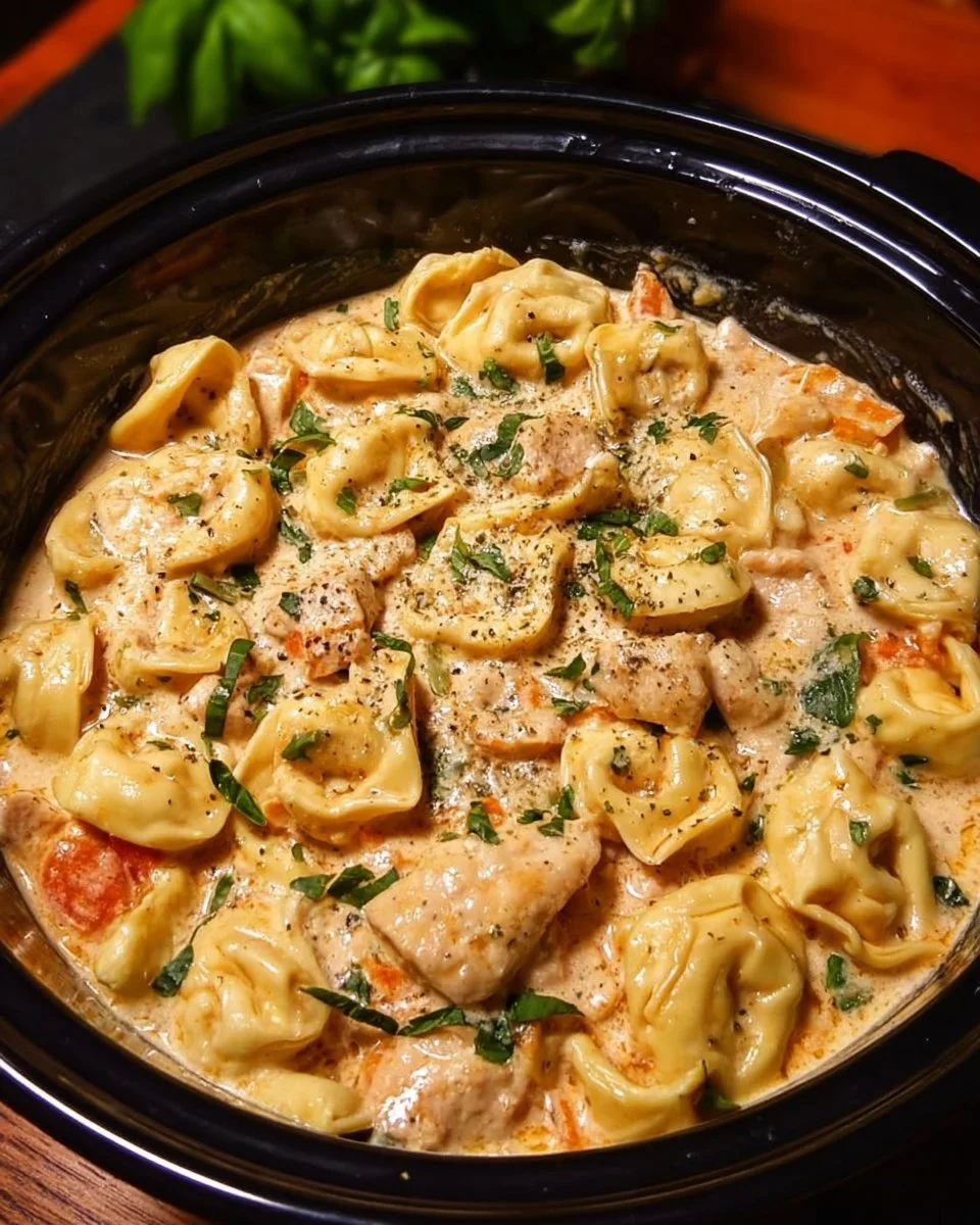 CrockPot Chicken Tortellini in a bowl with herbs and cheese