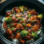 Crockpot Teriyaki Chicken served with steamed rice and vegetables