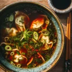 Bowl of gyoza soup with dumplings and vegetables