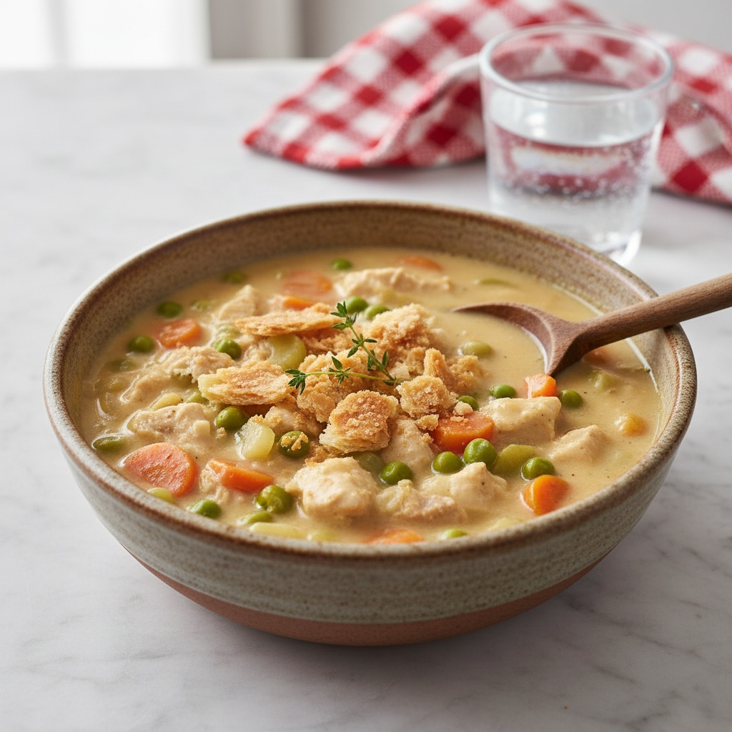 Creamy Chicken Pot Pie Soup, rustic bowl, golden pastry crumbles.