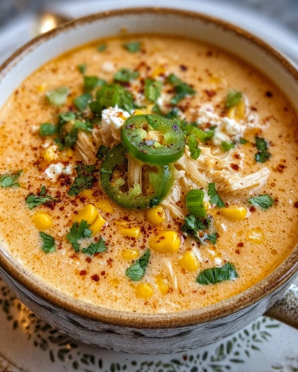 Bowl of Mexican street corn soup topped with cilantro and chili powder