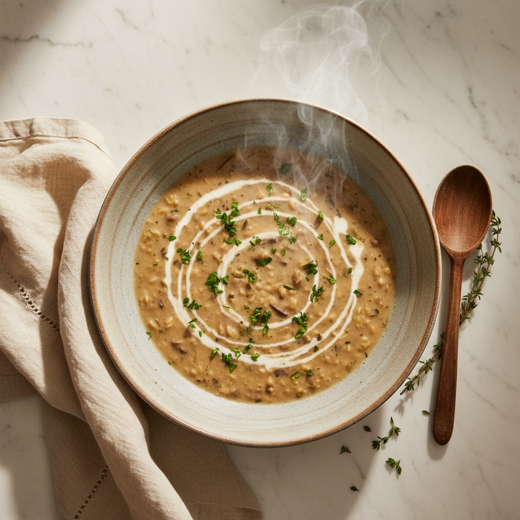Delicious Cream of Mushroom & Wild Rice Soup, garnished with fresh herbs.