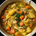 Bowl of slow cooker chicken stew with vegetables and herbs