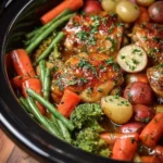 Slow Cooker Honey Garlic Chicken with vegetables in a delicious sauce.