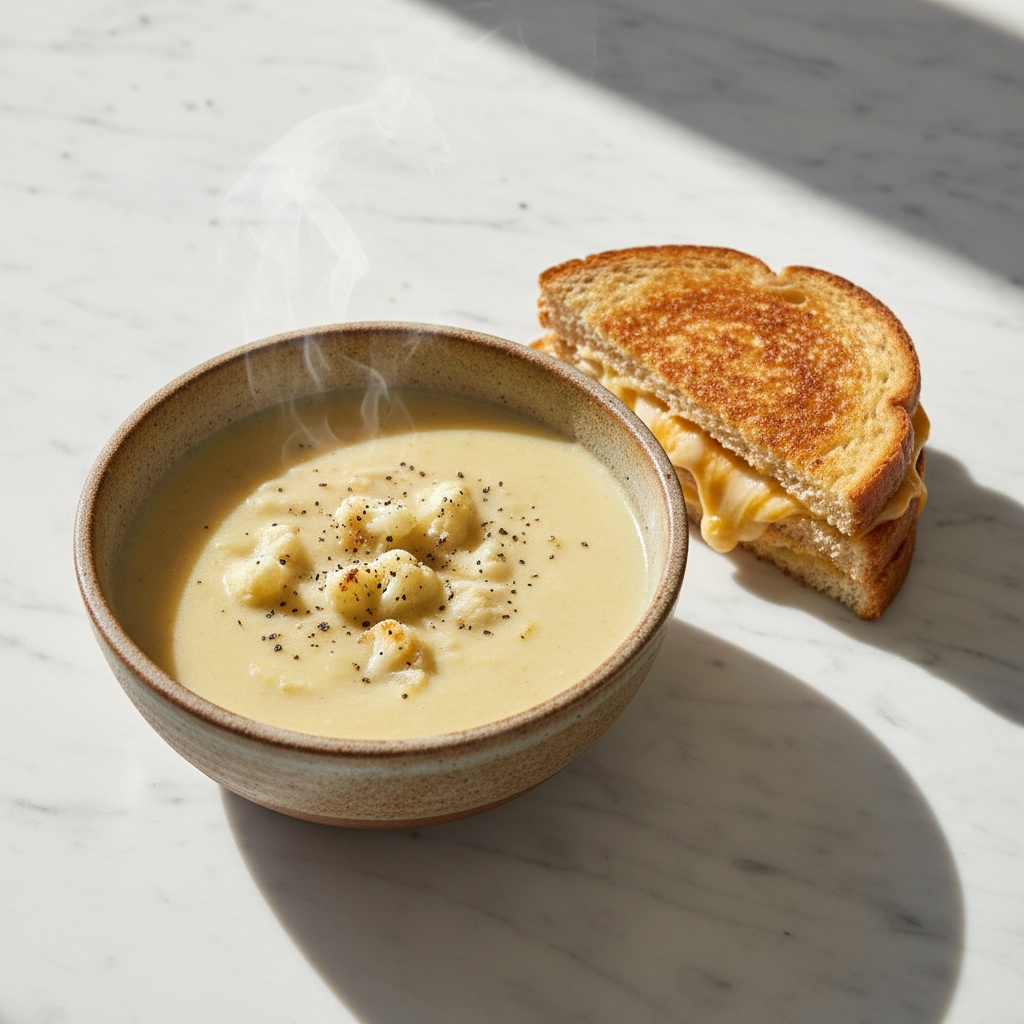 White Cheddar Cauliflower Soup and grilled cheese sandwich.