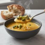 Spoon lifting Loaded Broccoli Cheddar Soup, fresh crusty bread nearby.