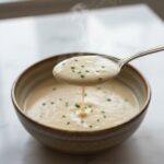 Spoon lifting creamy White Cheddar Cauliflower Soup.