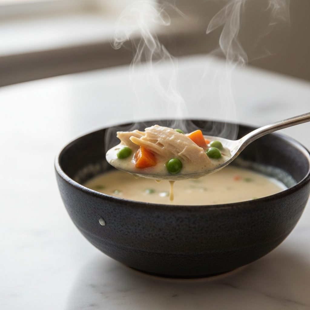 Spoon lifting creamy Chicken Pot Pie Soup, close-up shot.