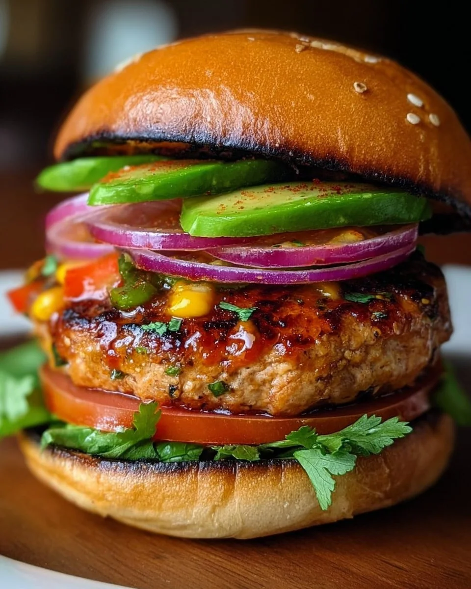 Spicy Southwest turkey burgers served with toppings and side dishes.