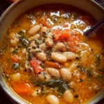 Bowl of Tuscan white bean soup garnished with herbs and spices