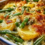 Ultimate green bean casserole topped with potatoes in a baking dish