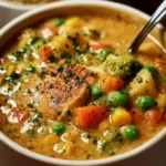 A bowl of Veggie Pot Pie Soup filled with colorful vegetables and herbs
